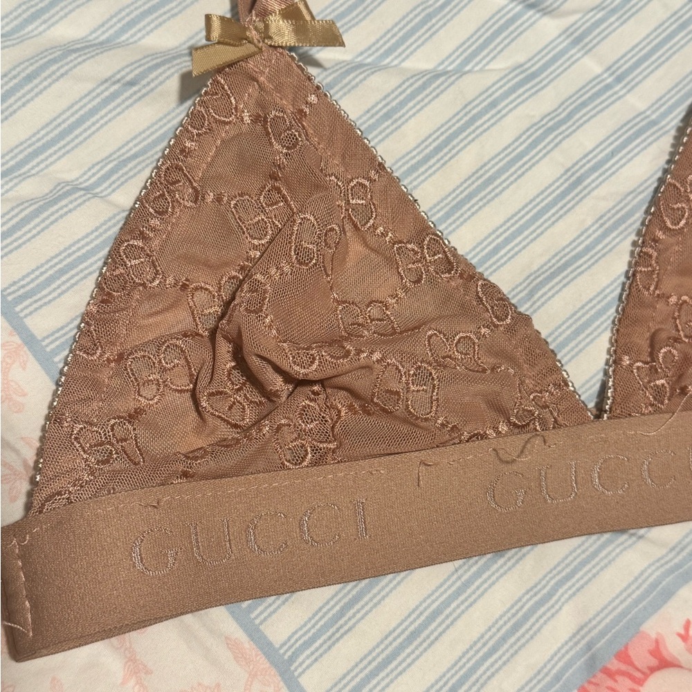 Gucci Large Nude Tan Lace Logo Bralette & High-Waist Brief Set - Picture 8 of 11
